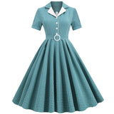England Style Red Plaid Dress Women Summer Short Sleeves Sashes A-Line Casual Tunic Dress 50s Vintage Midi Party