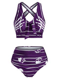 Striped Print Knot Front Padded Tankini Set Casual Summer Beach Wear Swimsuit Ladies Two Pieces Bathing