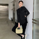 Designer White Ruffle Long Sleeve Button Up Shirt For Women Stand Collar Black Korean Fashion Top Blouse Fall