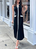 Ladies Knitted Jersey Dress Round Collar Sleeveless Button Slimming