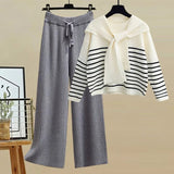 Winter Knitwear Two Piece Sets For Women Outfits Korean Casual Striped Knitted Sweater And Wide Leg Knitting Pants