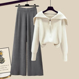 Winter Knit Two Piece Sets Womens Outfits Ladies Casual Sailor Collar Knitted Sweater And Wide Leg Pants Sets Koeran