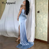 Women 2022 V-neck High Split Long Maxi Evening Party Dresses Female Sexy Solid Blue Bodycon Backless Cocktail Dress