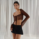 Sexy See Through Casual Tee Mesh Y2k 2022 Green Beach Bandage Long Sleeve Crop Tops Women Summer T