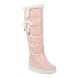 Winter Plush Warm Women Boots Comfortable Flat Knee High Boots Zipper Snow Boots Women Black White Pink Big Size 41 42