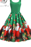 Winter Christmas Women Sexy Spaghetti Strap Swing Party Dress Vintage Robe Santa Snowflake Print