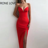 Women Solid Spaghetti Strap High silt Midi Sexy Party Red