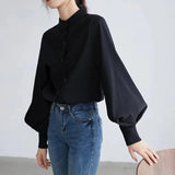 Lantern Sleeve Blouse Women Spring Fashion Single Breasted Stand Collar Shirts Female Office Work Blouse Solid White