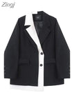 Women Blazers Office Ladies Coat Korean Chic Patchwork Long Sleeve Single Breasted Vintage Fashion Female Outerwear Casual