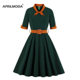 Green Autumn Women 50s 60s Tunic Midi Dress Retro Vintage Robe Rockabilly Vestido Office Casual Winter 1950s Short