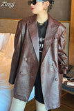 Autumn Oversized Shiny Purple Crocodile Pattern Faux Leather Blazer Women Long Sleeve Double Breasted Y2K Jacket