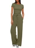 Suit Folding 2025 New Solid Short-Sleeved Top High-Rise Broad Leg Pants