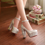 Gold Silver Platform Women Heels Sequined Chunky High Heel Pumps Summer Party Wedding Lady