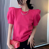 Cool Chain Puff Sleeve Rose Red Solid T Shirts Elegant Fashion Office Lady Loose Summer Large 2XL O-neck Tops