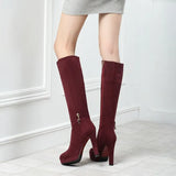 Women Flock Platform Square High Heel Knee High Boots Fashion Zipper Boots Autumn Winter Woman Shoes Black Brown Wine