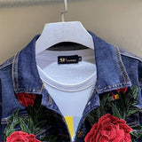 Spring Autumn New Women's Embroidery Red Rose Short Denim Jacket Coat Hole Long Sleeve Skinny Dark Blue Jeans
