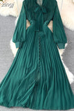Vintage Women Long Dress Elegant Bow Collar Lantern Sleeve Single Breasted Pleated Maxi Vestidos Female Red/Purple