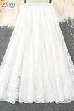 Summer Solid Lace Skirt Women Sweet Mesh High Waist Elegant Office Ladies Korean A-Line Long Skirts