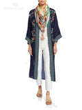 Floral Embroidered Front Open Long Kimono Cardigan Plus Size Navy Blue Tunic Women Tops and Blouses Shirts
