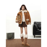 Lamb Wool Leather Jacket for Women Elegant Lapel Thicken Warm Overcoat New Chic Suede Short Coat