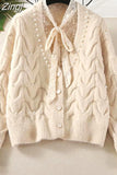 Women Knitted Sweater Autumn Winter Long Sleeve V neck Jumper Fashion Sweet Beaded Cardigans Casual Streetwear