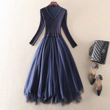 Winter Long Dresses Office Ladies Elegant Mesh Patchwork Long Sleeve Knitted Sweater Dresses Korean Fashion Slim