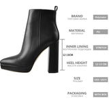 Onlymaker Women Ankle Boots Pointed Toe Black Matte Flock12CM Chunky Heel Platform Booties Party Shoes Large Size Short