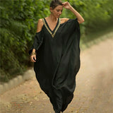 Sexy Cold Shoulder V Neck Bats Sleeve Loose Summer Beach Dress Plus Size Women Beachwear Kaftan Black Dress