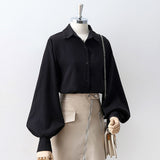 Basic White Elegant Blouses Women Office Ladies Shirt Lantern Sleeves Spring Autumn 2021 Fashion Button Up Shirts