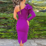 Women Solid Elegant One Shoulder Three Dimentional Decoration Midi Formal Party Bodycon