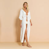Sexy Hollow Out White Summer Dress Beach Tunic Women Beachwear Long Sleeve Front Open Self Belted Maxi Dresses