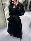 Spring Autumn Extra Long Oversized Cool Reflective Shiny Black Paten Leather Trench Coat for Women Belt Runway