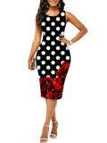 Fashion Vintage Polka Dot Plaid Print Splicing Bodycon Dress Sleeveless Office Elegant Sheath Evening Party Dresses