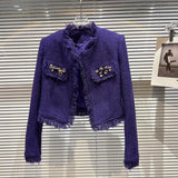 2022 Autumn Long Sleeve Rhinestone Pins Cardigans Tweed Jacket Bright Silk Shorts Two Piece Set Women Outfits