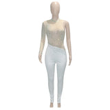 Sexy Black Crystal Diamond Skinny Long Pant Jumpsuit Women One Sleeve See Through Romper Clubwear Fitness