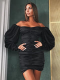 NEW Long Puff Sleeve Slash Neck Satin Pleated Sexy Mini Dress Autumn Winter Women Solid Party Elegant Streetwear