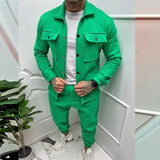 Solid Men 2-piece Set Fall Fashion Long Sleeve Lapel Single Breasted Coat And Long Work Pants Suit Men Pocket Sports