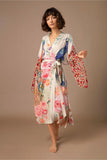 Queens Crane Floral Print Sashes Women Bohemian V Neck Batwing Sleeves Blouses Robe Kimono