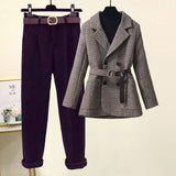 Winter Office Ladies Elegant Sets Womens Outfits 2023 Plaid Thick Coats+Turtleneck Knitted Sweater+woolen Harem Pants