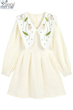 Women's Dress Long Sleeve Embroidery Chic Peter Pan Collar Mini Dresses Female Vintage Elegant High Waist A-line Frocks