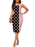 Fashion Vintage Polka Dot Plaid Print Splicing Bodycon Dress Sleeveless Office Elegant Sheath Evening Party Dresses
