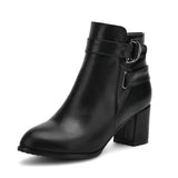 Women Boots Square High Heel Ankle Boots Fashion Pointed Toe Buckle Winter Zipper Boots Female Shoes Black White