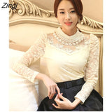 long sleeve bodysuit beaded Women lace blouse shirts crochet tops blusas Mesh Chiffon blouse female