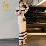 Women O Neck Half Sleeve Pullover Tops High Waist Maxi Skirts Elegant Suits Summer New Striped Hit Color Knitted Two Piece