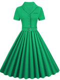Green Solid Cotton Tunic Midi Pleated Dress Button Up Vintage Women Short Sleeve Belted Pinup Rockabilly Swing