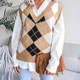 women knitted sweater vest pullover 2021 autumn new college style loose V-neck elegant fashion casual diamond vest