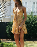 Queens Women Floral Print Strapless Deep V-neck Front Button Beach Bohemian Sundress Tassel Rayon Mini Dress