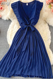 Women Green/Red/Beige Pleated Midi Dress Vintage V-Neck Draped Party Robe Female Elegant Casual Vestidos New Fashion