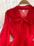 Vintage Women Long Dress Elegant Bow Collar Lantern Sleeve Single Breasted Pleated Maxi Vestidos Female Red/Purple