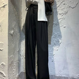 Loose Office Lady Thin Wide Leg Pants Summer High Waist Elastic Women Straight Trousers Casual Korean Lace Up Pants